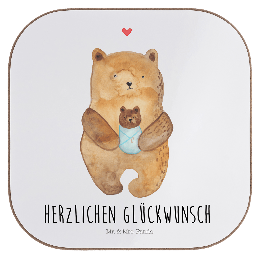 Quadratische Untersetzer Bär mit Baby Bierdeckel, Glasuntersetzer, Untersetzer Gläser, Getränkeuntersetzer, Bär, Teddy, Teddybär, Eltern, Mutter, Baby, Taufe, Geburt, Nichte, Neffe, Enkel, Enkelin, Täufling, Geburtstag, Glückwunsch