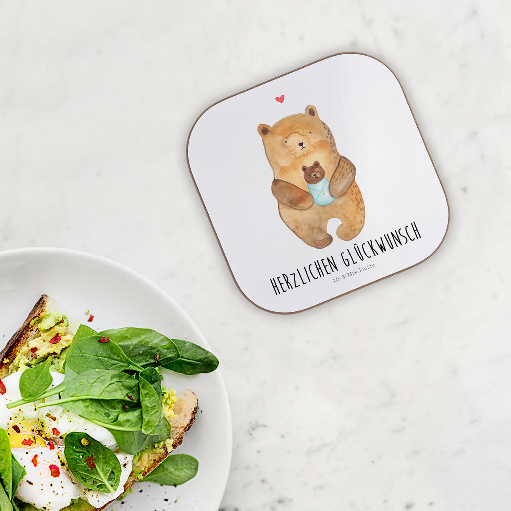 Quadratische Untersetzer Bär mit Baby Bierdeckel, Glasuntersetzer, Untersetzer Gläser, Getränkeuntersetzer, Bär, Teddy, Teddybär, Eltern, Mutter, Baby, Taufe, Geburt, Nichte, Neffe, Enkel, Enkelin, Täufling, Geburtstag, Glückwunsch