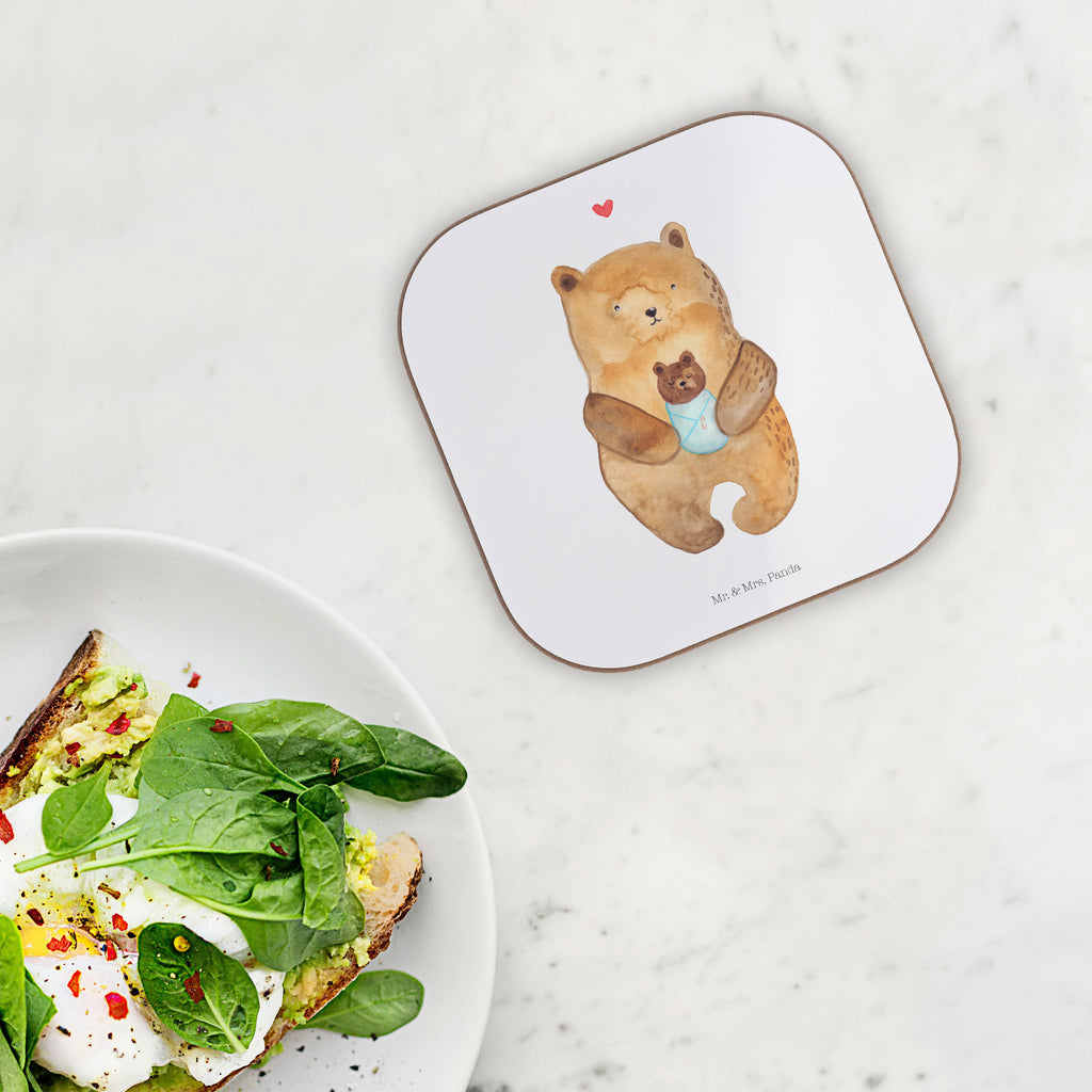 Quadratische Untersetzer Bär mit Baby Bierdeckel, Glasuntersetzer, Untersetzer Gläser, Getränkeuntersetzer, Bär, Teddy, Teddybär, Eltern, Mutter, Baby, Taufe, Geburt, Nichte, Neffe, Enkel, Enkelin, Täufling, Geburtstag, Glückwunsch