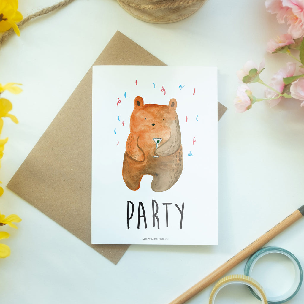 Grußkarte Bär Party Klappkarte, Einladungskarte, Glückwunschkarte, Hochzeitskarte, Geburtstagskarte, Karte, Bär, Teddy, Teddybär, Geburtstag, Geburtstagsgeschenk, Geschenk, Party, Feiern, Abfeiern, Mitbringsel, Gute Laune, Lustig