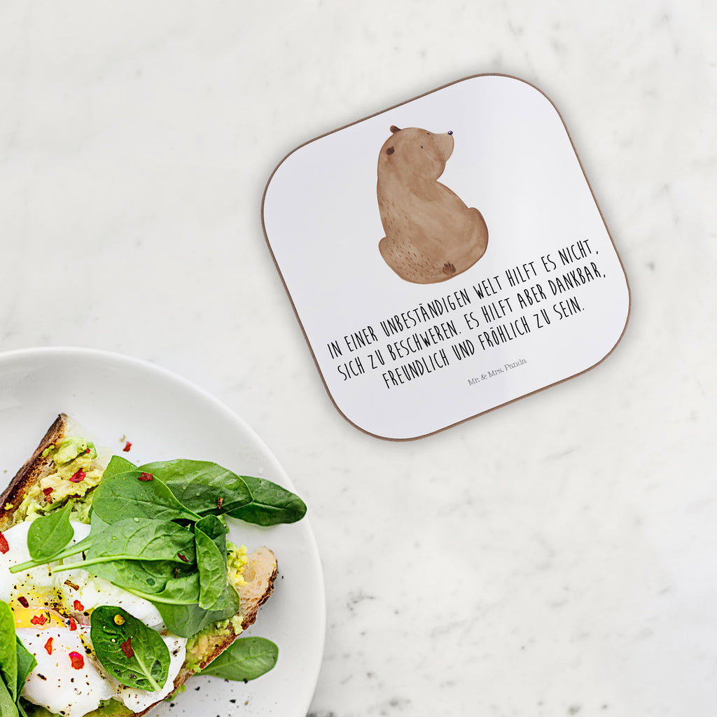 Quadratische Untersetzer Bär Schulterblick Bierdeckel, Glasuntersetzer, Untersetzer Gläser, Getränkeuntersetzer, Bär, Teddy, Teddybär, Selbstachtung, Weltansicht, Motivation, Bären, Bärenliebe, Weisheit