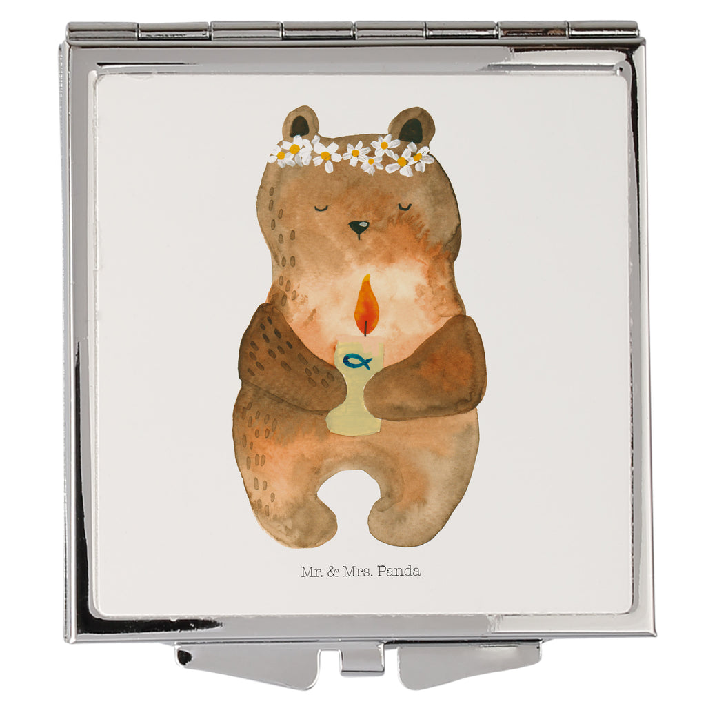 Handtaschenspiegel quadratisch Kommunion-Bär Spiegel, Handtasche, Quadrat, silber, schminken, Schminkspiegel, Bär, Teddy, Teddybär, Kommunion, Gottes Segen, Taufkerze, katholisch
