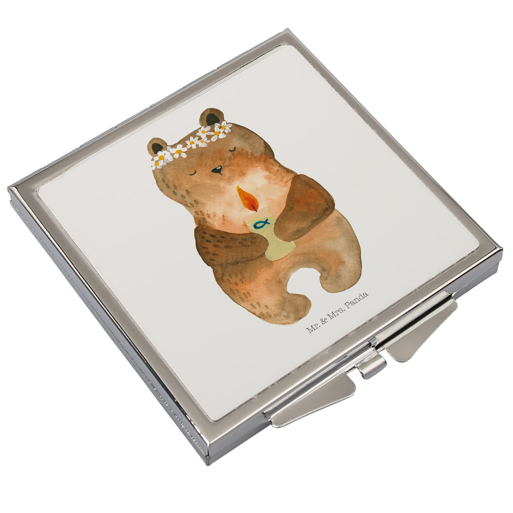 Handtaschenspiegel quadratisch Kommunion-Bär Spiegel, Handtasche, Quadrat, silber, schminken, Schminkspiegel, Bär, Teddy, Teddybär, Kommunion, Gottes Segen, Taufkerze, katholisch
