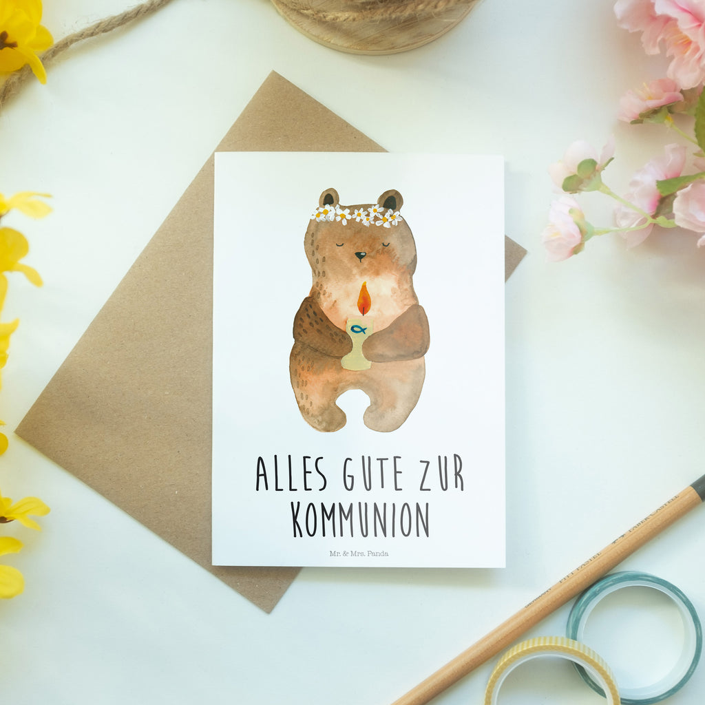 Grußkarte Kommunion-Bär Klappkarte, Einladungskarte, Glückwunschkarte, Hochzeitskarte, Geburtstagskarte, Karte, Bär, Teddy, Teddybär, Kommunion, Gottes Segen, Taufkerze, katholisch