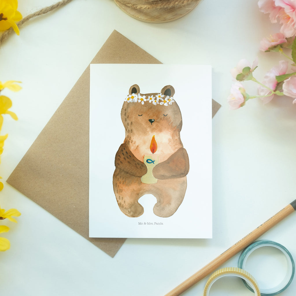 Grußkarte Kommunion-Bär Klappkarte, Einladungskarte, Glückwunschkarte, Hochzeitskarte, Geburtstagskarte, Karte, Bär, Teddy, Teddybär, Kommunion, Gottes Segen, Taufkerze, katholisch