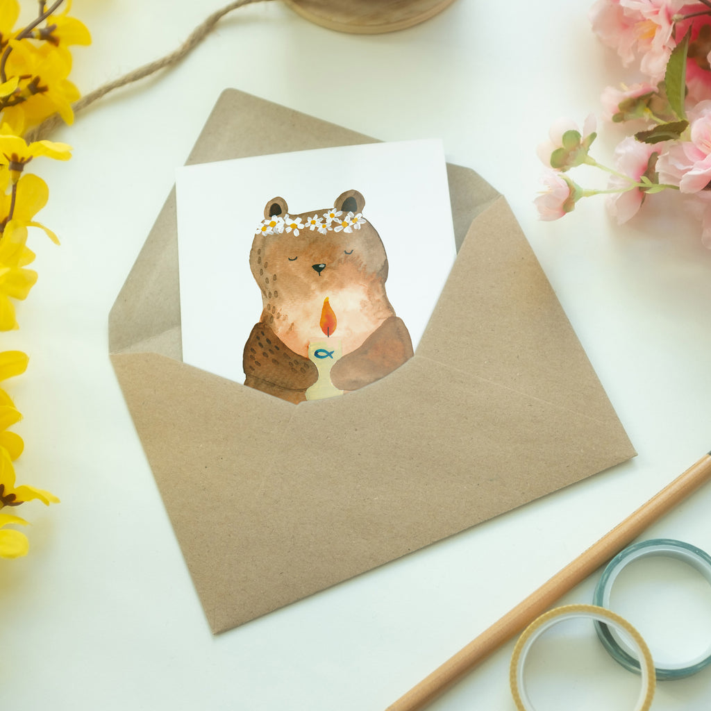 Grußkarte Kommunion-Bär Klappkarte, Einladungskarte, Glückwunschkarte, Hochzeitskarte, Geburtstagskarte, Karte, Bär, Teddy, Teddybär, Kommunion, Gottes Segen, Taufkerze, katholisch