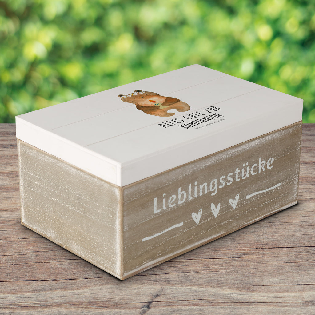 Holzkiste Kommunion-Bär Holzkiste, Kiste, Schatzkiste, Truhe, Schatulle, XXL, Erinnerungsbox, Erinnerungskiste, Dekokiste, Aufbewahrungsbox, Bär, Teddy, Teddybär, Kommunion, Gottes Segen, Taufkerze, katholisch