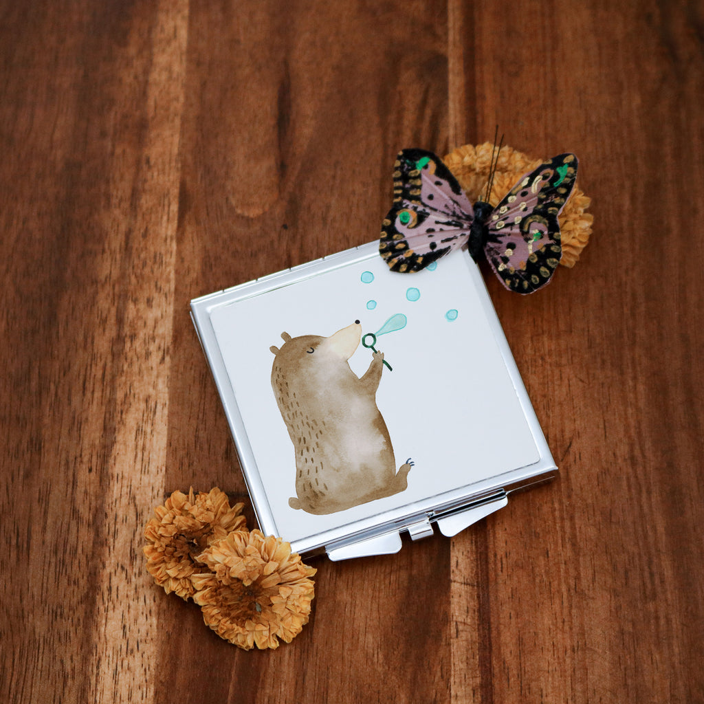 Handtaschenspiegel quadratisch Bär Seifenblasen Spiegel, Handtasche, Quadrat, silber, schminken, Schminkspiegel, Bär, Teddy, Teddybär, Seifenblasen Bär Lustig Sein Glücklich Traurig Happy