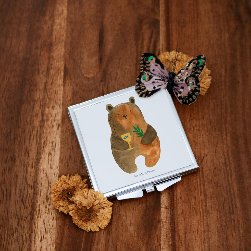 Handtaschenspiegel quadratisch Konfirmation-Bär Spiegel, Handtasche, Quadrat, silber, schminken, Schminkspiegel, Bär, Teddy, Teddybär, Konfirmation, Kirche, evangelisch, Gottesdienst