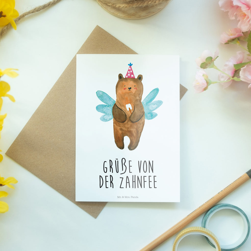 Grußkarte Zahnfee Bär Klappkarte, Einladungskarte, Glückwunschkarte, Hochzeitskarte, Geburtstagskarte, Karte, Bär, Teddy, Teddybär, Zahnfee, Fee, Milchzahn, Erster Zahn