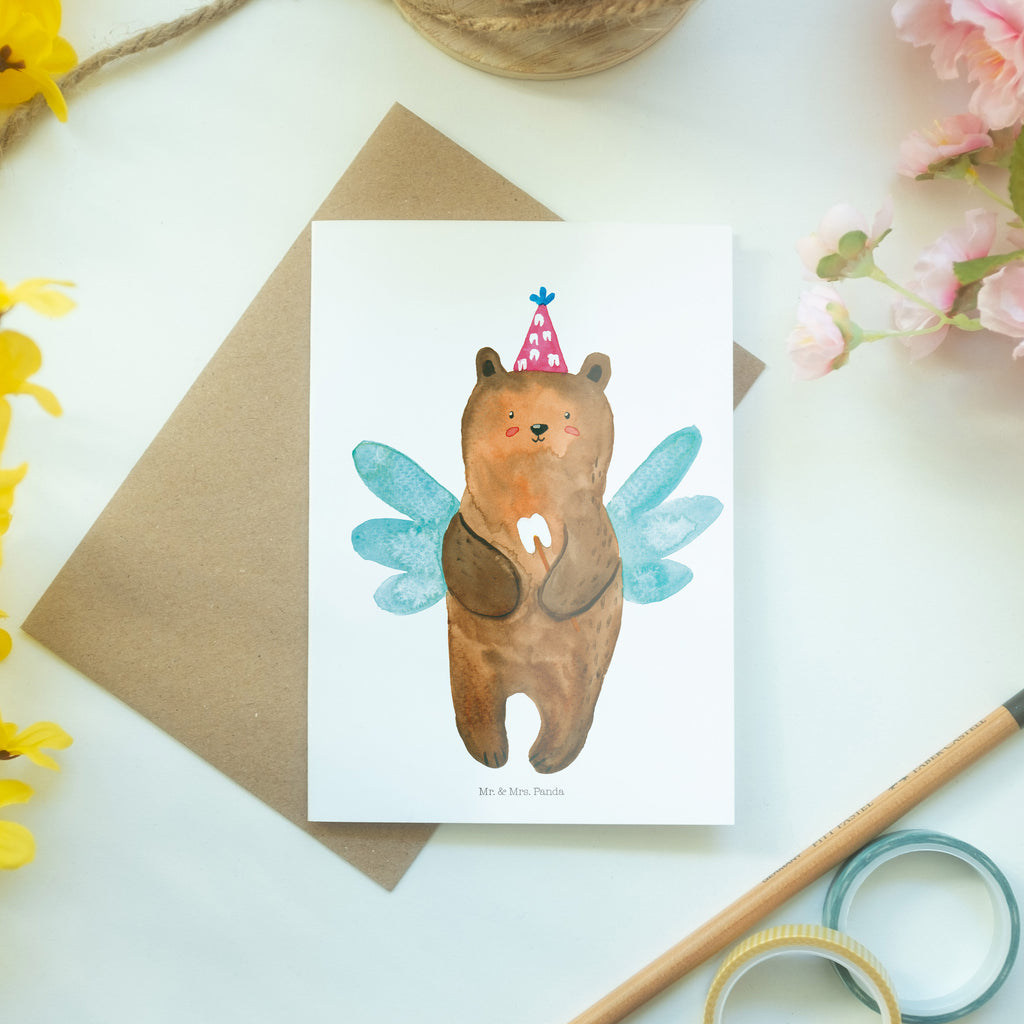 Grußkarte Zahnfee Bär Klappkarte, Einladungskarte, Glückwunschkarte, Hochzeitskarte, Geburtstagskarte, Karte, Bär, Teddy, Teddybär, Zahnfee, Fee, Milchzahn, Erster Zahn