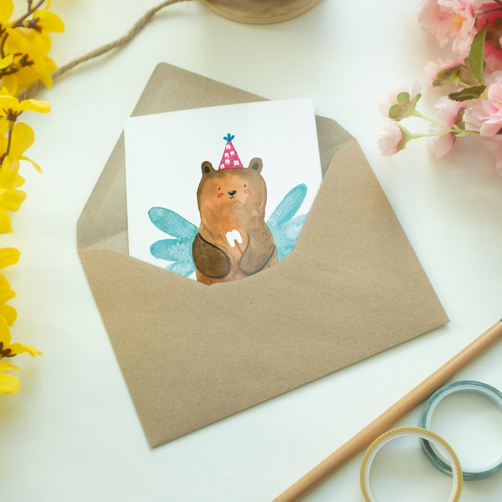 Grußkarte Zahnfee Bär Klappkarte, Einladungskarte, Glückwunschkarte, Hochzeitskarte, Geburtstagskarte, Karte, Bär, Teddy, Teddybär, Zahnfee, Fee, Milchzahn, Erster Zahn