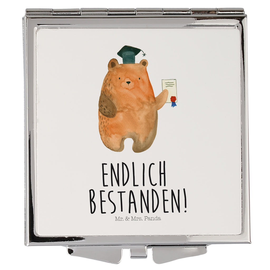 Handtaschenspiegel quadratisch Prüfungsbär Spiegel, Handtasche, Quadrat, silber, schminken, Schminkspiegel, Bär, Teddy, Teddybär, Abitur, Prüfungen, Prüfung bestanden, Abschluss, Zeugnis, Abschlusszeugnis