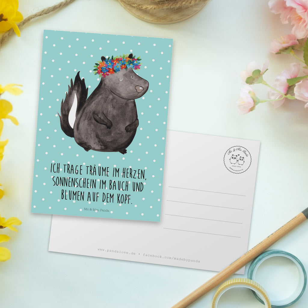 Postkarte Stinktier Blumenmaedchen Geschenkkarte, Grußkarte, Karte, Einladung, Ansichtskarte, Geburtstagskarte, Einladungskarte, Stinktier, Skunk, Wildtier, Raubtier, Stinker, Stinki, Yoga, Namaste, Lebe, Liebe, Lache