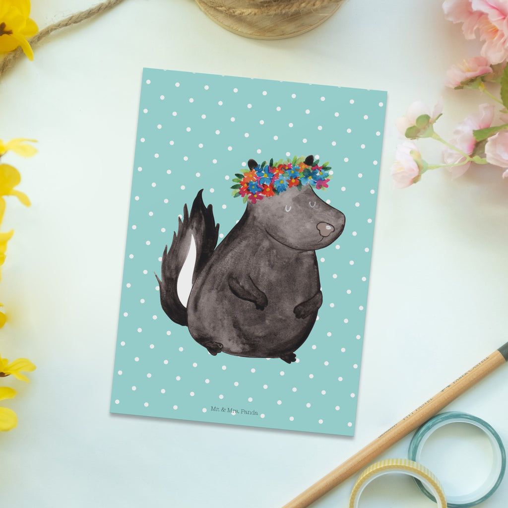Postkarte Stinktier Blumenmaedchen Geschenkkarte, Grußkarte, Karte, Einladung, Ansichtskarte, Geburtstagskarte, Einladungskarte, Stinktier, Skunk, Wildtier, Raubtier, Stinker, Stinki, Yoga, Namaste, Lebe, Liebe, Lache