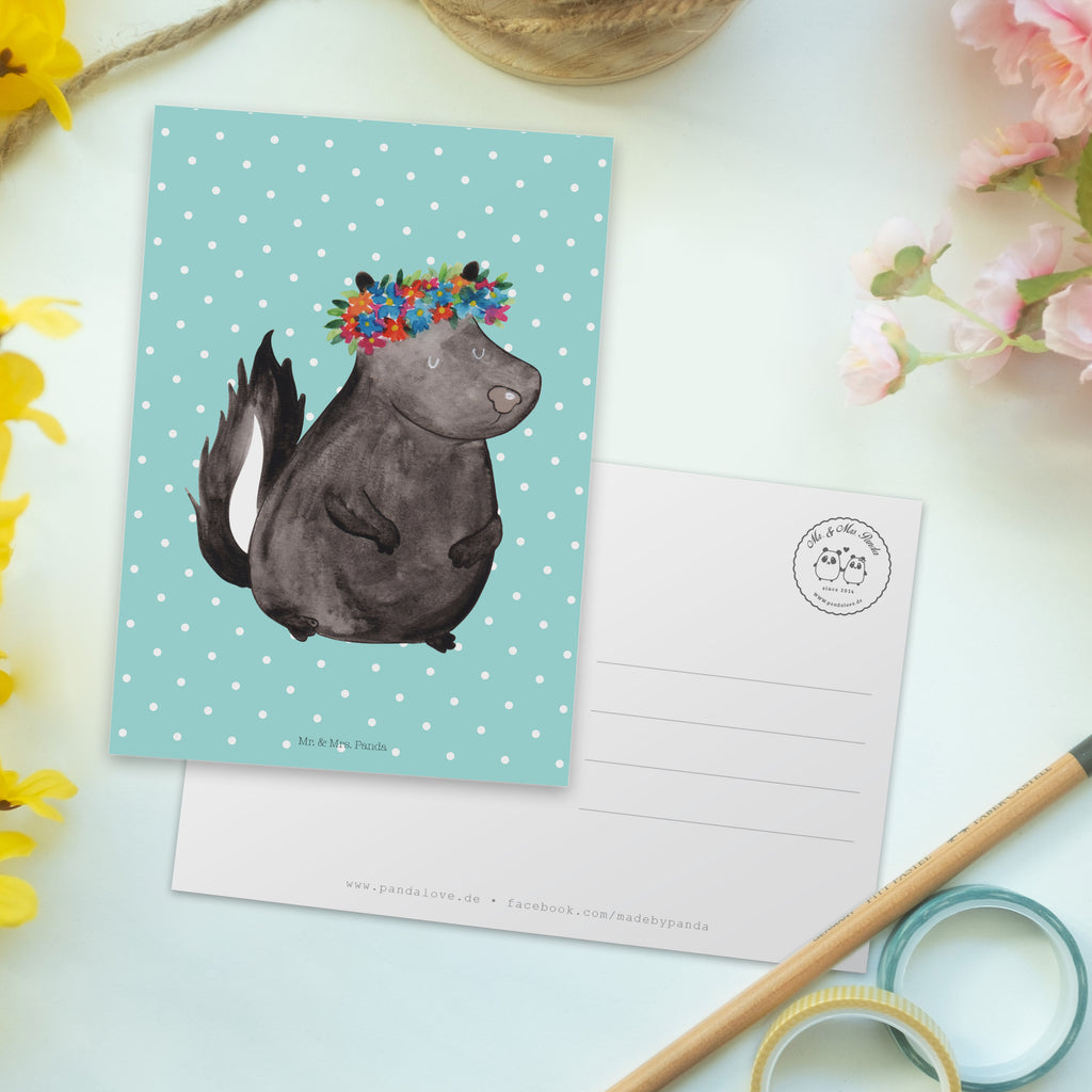 Postkarte Stinktier Blumenmaedchen Geschenkkarte, Grußkarte, Karte, Einladung, Ansichtskarte, Geburtstagskarte, Einladungskarte, Stinktier, Skunk, Wildtier, Raubtier, Stinker, Stinki, Yoga, Namaste, Lebe, Liebe, Lache