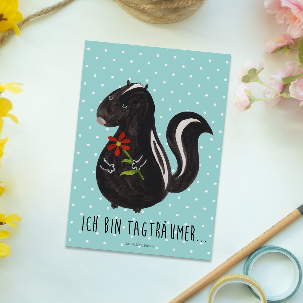 Postkarte Stinktier Blume Geschenkkarte, Grußkarte, Karte, Einladung, Ansichtskarte, Geburtstagskarte, Einladungskarte, Dankeskarte, Stinktier, Skunk, Wildtier, Raubtier, Stinker, Stinki, Tagträumer, verträumt, Dreams, Träume