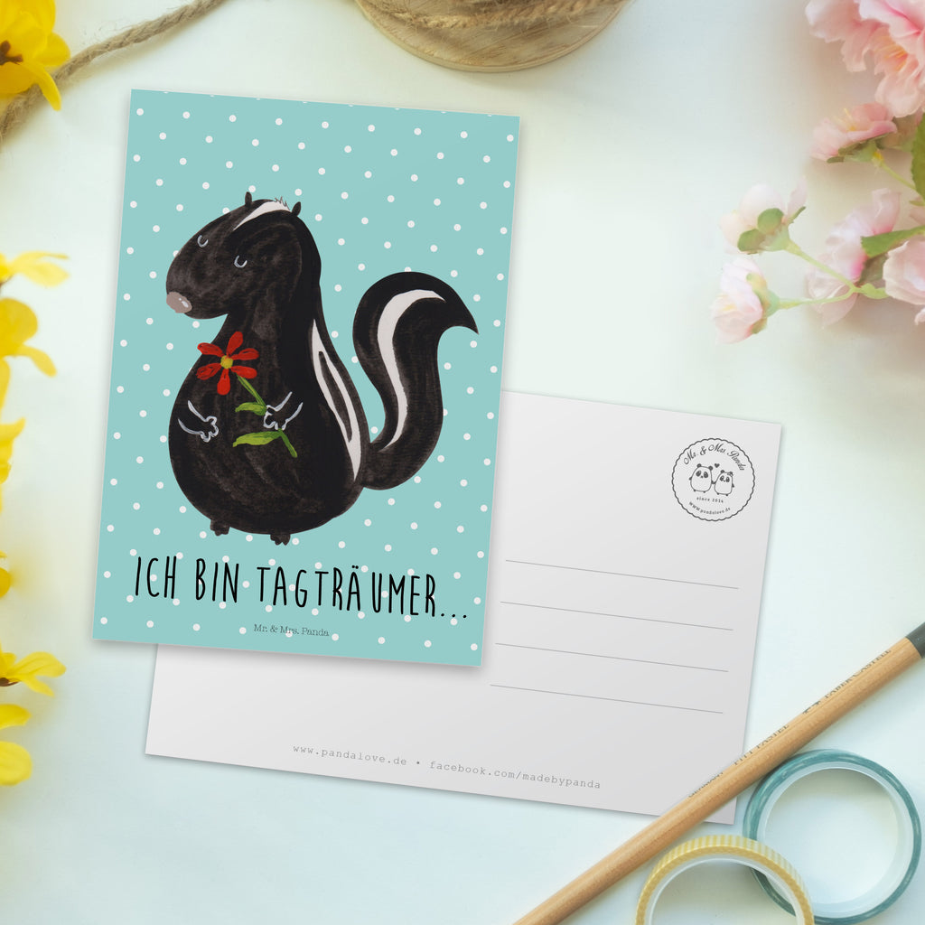 Postkarte Stinktier Blume Geschenkkarte, Grußkarte, Karte, Einladung, Ansichtskarte, Geburtstagskarte, Einladungskarte, Dankeskarte, Stinktier, Skunk, Wildtier, Raubtier, Stinker, Stinki, Tagträumer, verträumt, Dreams, Träume