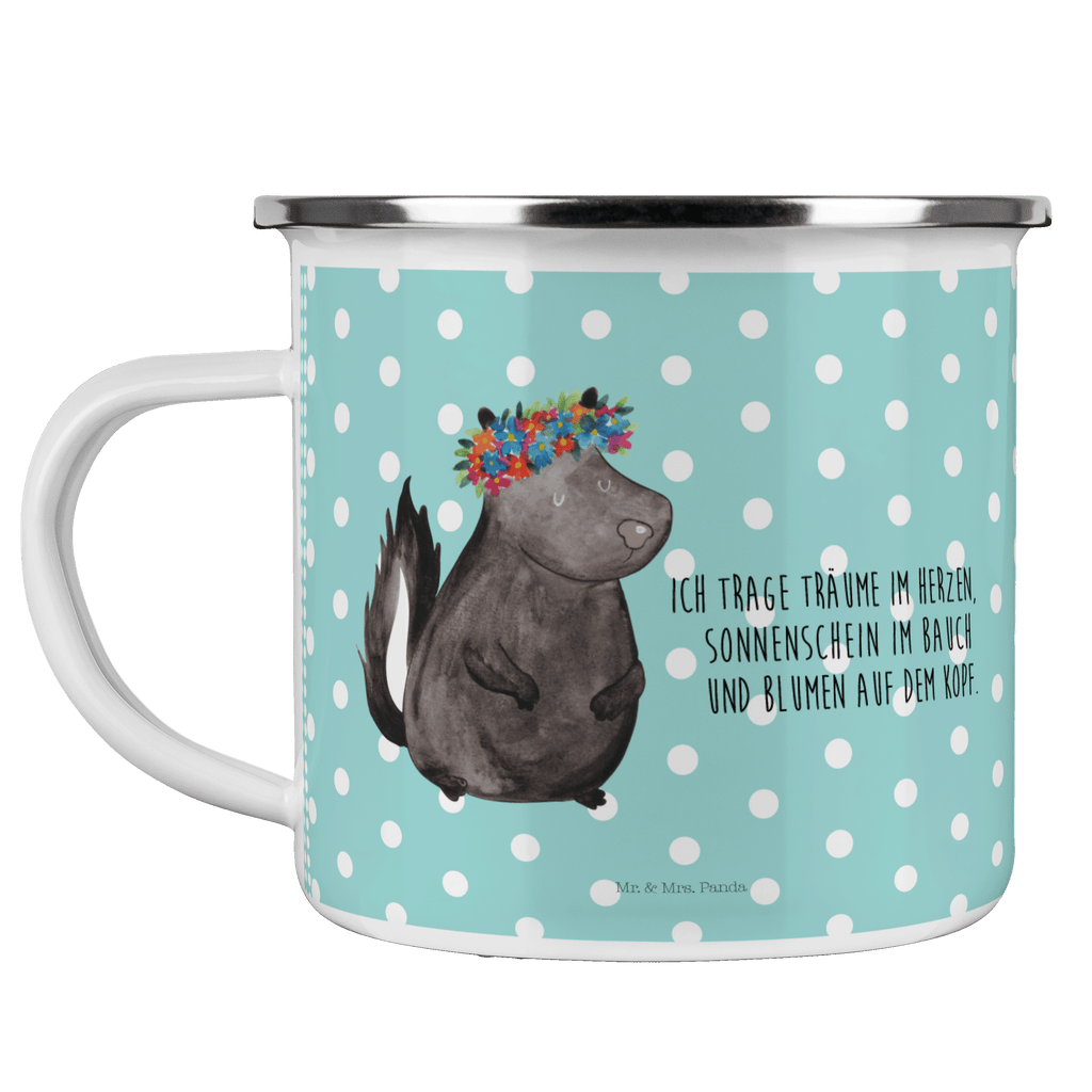 Camping Emaille Tasse Stinktier Blumenmaedchen Campingtasse, Trinkbecher, Metalltasse, Outdoor Tasse, Emaille Trinkbecher, Blechtasse Outdoor, Emaille Campingbecher, Edelstahl Trinkbecher, Metalltasse für Camping, Kaffee Blechtasse, Camping Tasse Metall, Stinktier, Skunk, Wildtier, Raubtier, Stinker, Stinki, Yoga, Namaste, Lebe, Liebe, Lache