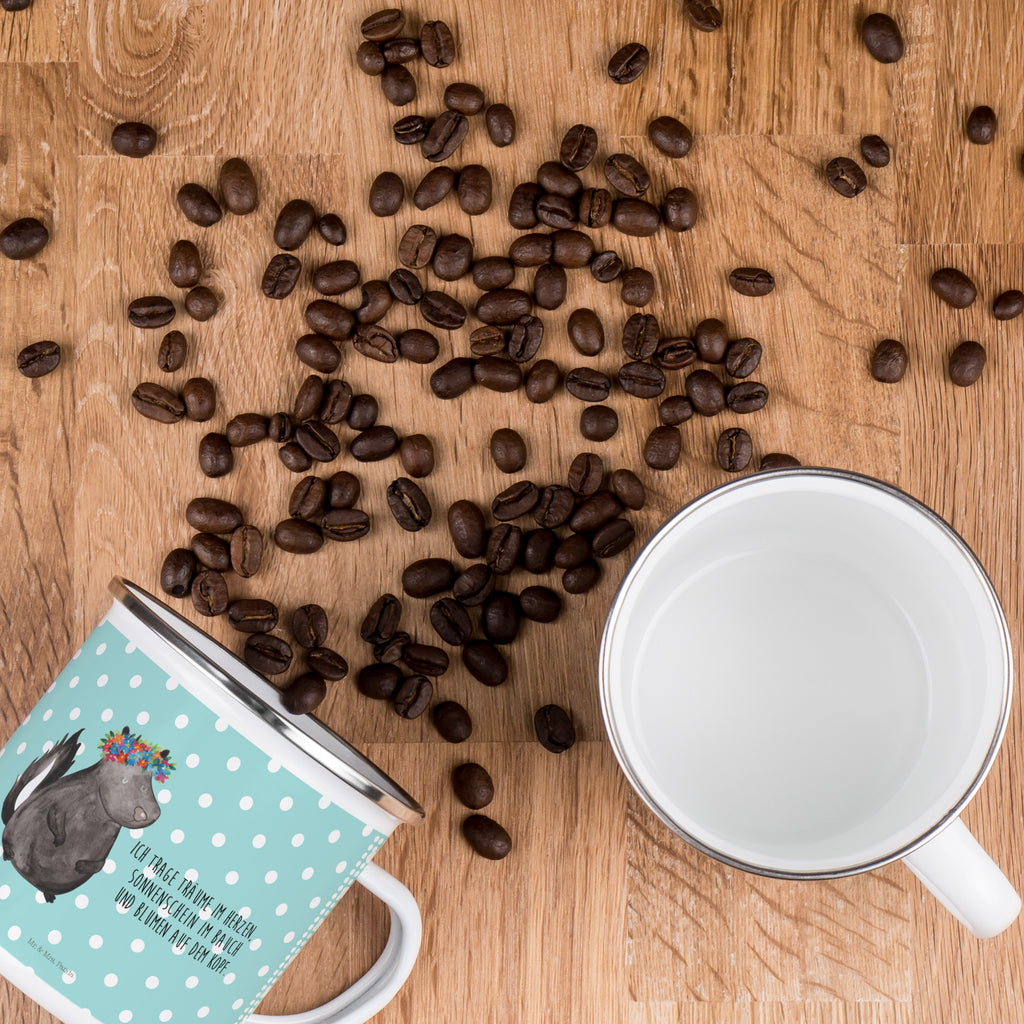 Camping Emaille Tasse Stinktier Blumenmaedchen Campingtasse, Trinkbecher, Metalltasse, Outdoor Tasse, Emaille Trinkbecher, Blechtasse Outdoor, Emaille Campingbecher, Edelstahl Trinkbecher, Metalltasse für Camping, Kaffee Blechtasse, Camping Tasse Metall, Stinktier, Skunk, Wildtier, Raubtier, Stinker, Stinki, Yoga, Namaste, Lebe, Liebe, Lache