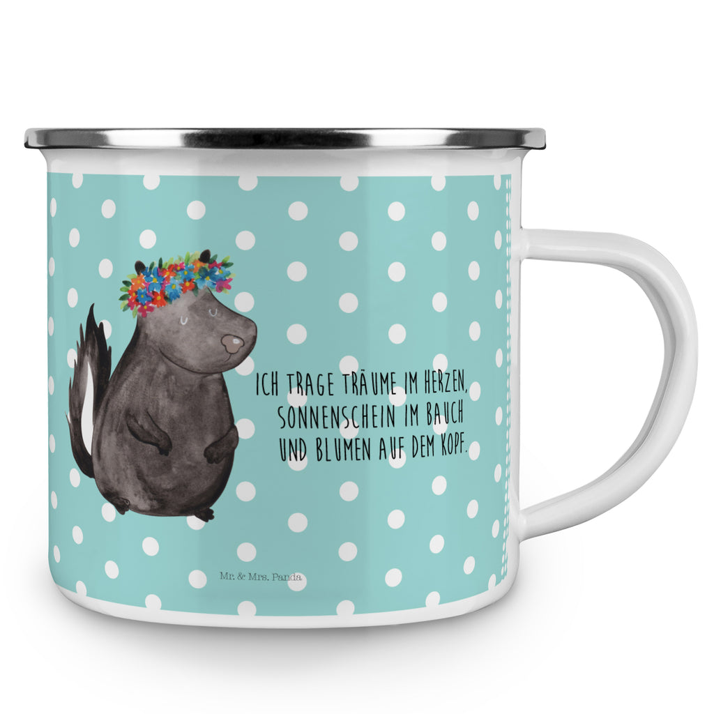 Camping Emaille Tasse Stinktier Blumenmaedchen Campingtasse, Trinkbecher, Metalltasse, Outdoor Tasse, Emaille Trinkbecher, Blechtasse Outdoor, Emaille Campingbecher, Edelstahl Trinkbecher, Metalltasse für Camping, Kaffee Blechtasse, Camping Tasse Metall, Stinktier, Skunk, Wildtier, Raubtier, Stinker, Stinki, Yoga, Namaste, Lebe, Liebe, Lache