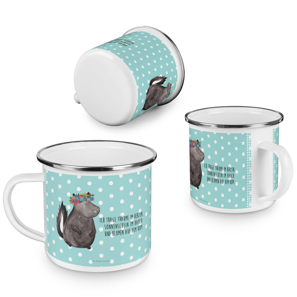 Camping Emaille Tasse Stinktier Blumenmaedchen Campingtasse, Trinkbecher, Metalltasse, Outdoor Tasse, Emaille Trinkbecher, Blechtasse Outdoor, Emaille Campingbecher, Edelstahl Trinkbecher, Metalltasse für Camping, Kaffee Blechtasse, Camping Tasse Metall, Stinktier, Skunk, Wildtier, Raubtier, Stinker, Stinki, Yoga, Namaste, Lebe, Liebe, Lache