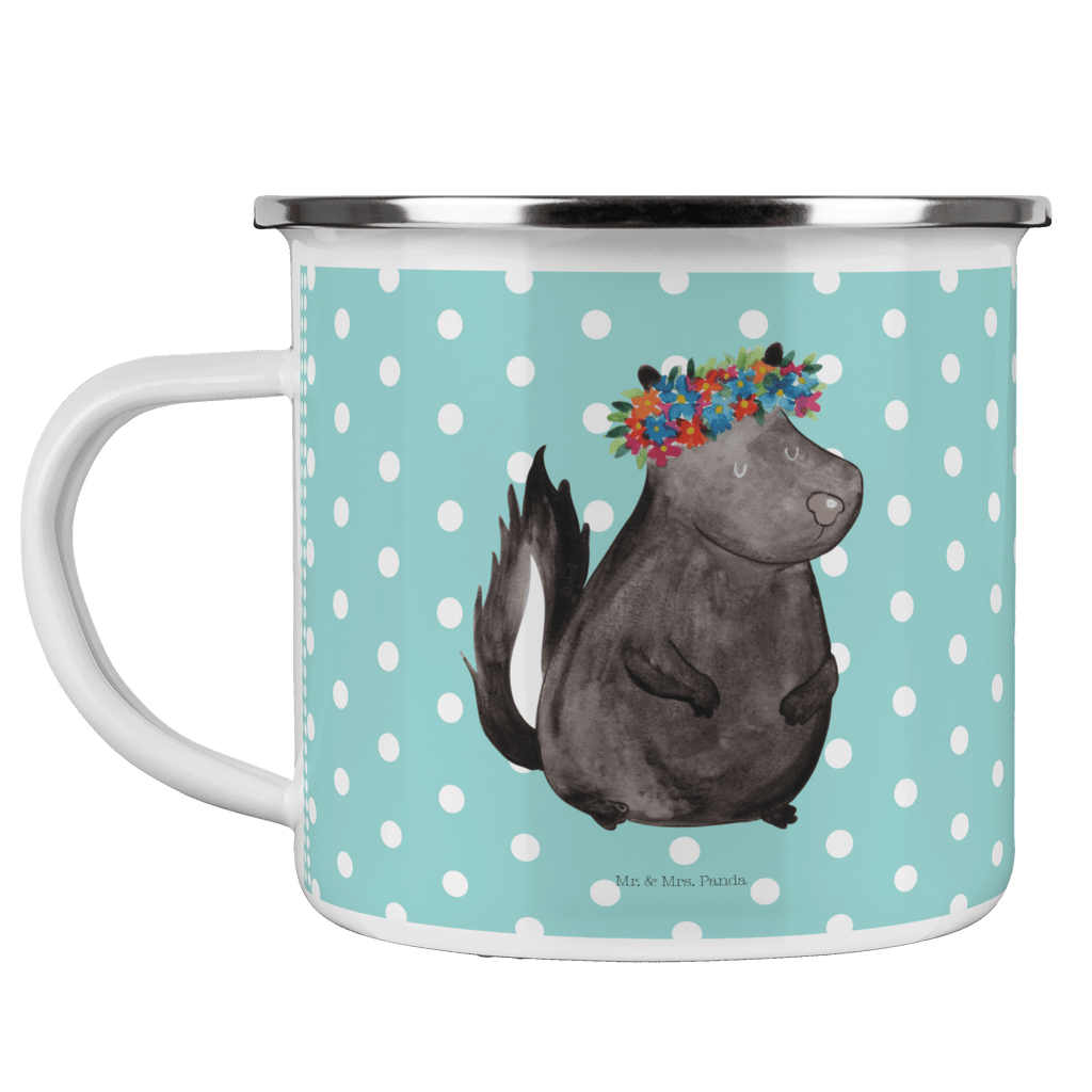 Camping Emaille Tasse Stinktier Blumenmaedchen Campingtasse, Trinkbecher, Metalltasse, Outdoor Tasse, Emaille Trinkbecher, Blechtasse Outdoor, Emaille Campingbecher, Edelstahl Trinkbecher, Metalltasse für Camping, Kaffee Blechtasse, Camping Tasse Metall, Stinktier, Skunk, Wildtier, Raubtier, Stinker, Stinki, Yoga, Namaste, Lebe, Liebe, Lache