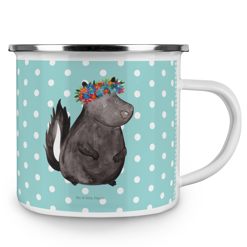 Camping Emaille Tasse Stinktier Blumenmaedchen Campingtasse, Trinkbecher, Metalltasse, Outdoor Tasse, Emaille Trinkbecher, Blechtasse Outdoor, Emaille Campingbecher, Edelstahl Trinkbecher, Metalltasse für Camping, Kaffee Blechtasse, Camping Tasse Metall, Stinktier, Skunk, Wildtier, Raubtier, Stinker, Stinki, Yoga, Namaste, Lebe, Liebe, Lache