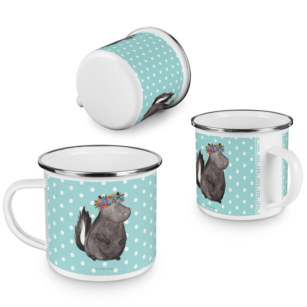 Camping Emaille Tasse Stinktier Blumenmaedchen Campingtasse, Trinkbecher, Metalltasse, Outdoor Tasse, Emaille Trinkbecher, Blechtasse Outdoor, Emaille Campingbecher, Edelstahl Trinkbecher, Metalltasse für Camping, Kaffee Blechtasse, Camping Tasse Metall, Stinktier, Skunk, Wildtier, Raubtier, Stinker, Stinki, Yoga, Namaste, Lebe, Liebe, Lache