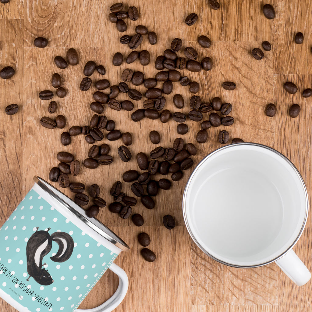 Camping Emaille Tasse Stinktier Handstand Campingtasse, Trinkbecher, Metalltasse, Outdoor Tasse, Emaille Trinkbecher, Blechtasse Outdoor, Emaille Campingbecher, Edelstahl Trinkbecher, Metalltasse für Camping, Kaffee Blechtasse, Camping Tasse Metall, Stinktier, Skunk, Wildtier, Raubtier, Stinker, Stinki, Spielplatz, verpielt, Kind