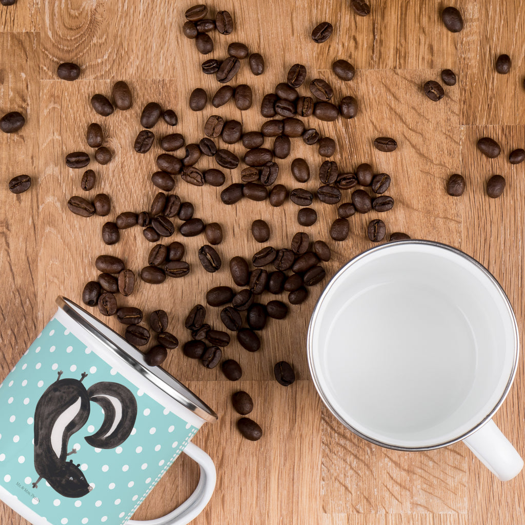 Camping Emaille Tasse Stinktier Handstand Campingtasse, Trinkbecher, Metalltasse, Outdoor Tasse, Emaille Trinkbecher, Blechtasse Outdoor, Emaille Campingbecher, Edelstahl Trinkbecher, Metalltasse für Camping, Kaffee Blechtasse, Camping Tasse Metall, Stinktier, Skunk, Wildtier, Raubtier, Stinker, Stinki, Spielplatz, verpielt, Kind