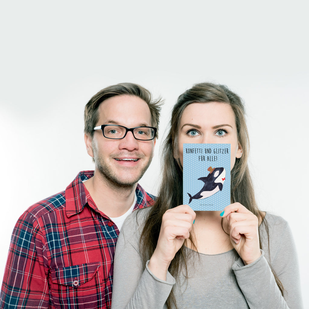 Postkarte Orca Zylinder Geschenkkarte, Grußkarte, Karte, Einladung, Ansichtskarte, Geburtstagskarte, Einladungskarte, Meerestiere, Meer, Urlaub, Narwal, Glitter, Konfetti, Glitzer, Geburtstag, Feier, Fete, Fest, Glückwunsch, Orca