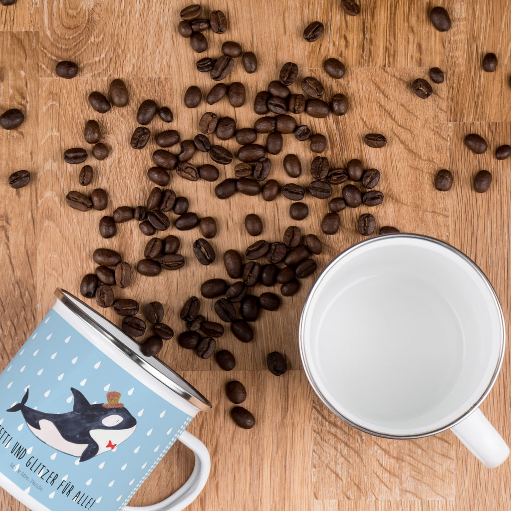 Camping Emaille Tasse Orca Zylinder Campingtasse, Trinkbecher, Metalltasse, Outdoor Tasse, Emaille Trinkbecher, Blechtasse Outdoor, Emaille Campingbecher, Edelstahl Trinkbecher, Metalltasse für Camping, Kaffee Blechtasse, Camping Tasse Metall, Meerestiere, Meer, Urlaub, Narwal, Glitter, Konfetti, Glitzer, Geburtstag, Feier, Fete, Fest, Glückwunsch, Orca