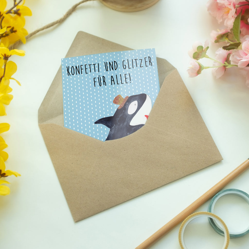 Grußkarte Orca Zylinder Klappkarte, Einladungskarte, Glückwunschkarte, Hochzeitskarte, Geburtstagskarte, Karte, Meerestiere, Meer, Urlaub, Narwal, Glitter, Konfetti, Glitzer, Geburtstag, Feier, Fete, Fest, Glückwunsch, Orca