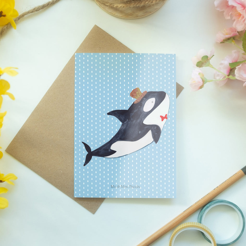 Grußkarte Orca Zylinder Klappkarte, Einladungskarte, Glückwunschkarte, Hochzeitskarte, Geburtstagskarte, Karte, Meerestiere, Meer, Urlaub, Narwal, Glitter, Konfetti, Glitzer, Geburtstag, Feier, Fete, Fest, Glückwunsch, Orca