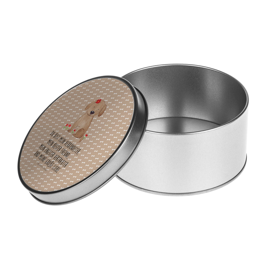 Blechdose rund Hund Hundedame Metalldose, Keksdose, Dose, Vorratsdose, Geschenkbox, Hund, Hundemotiv, Haustier, Hunderasse, Tierliebhaber, Hundebesitzer, Sprüche, Hunde, Hundeliebe, Hundeglück, Liebe, Frauchen