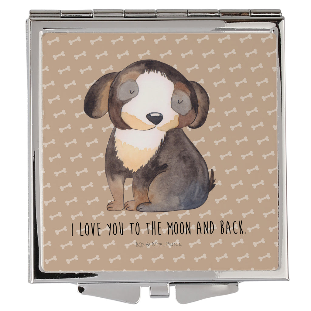 Handtaschenspiegel quadratisch Hund entspannt Spiegel, Handtasche, Quadrat, silber, schminken, Schminkspiegel, Hund, Hundemotiv, Haustier, Hunderasse, Tierliebhaber, Hundebesitzer, Sprüche, schwarzer Hund, Hundeliebe, Liebe, Hundeglück