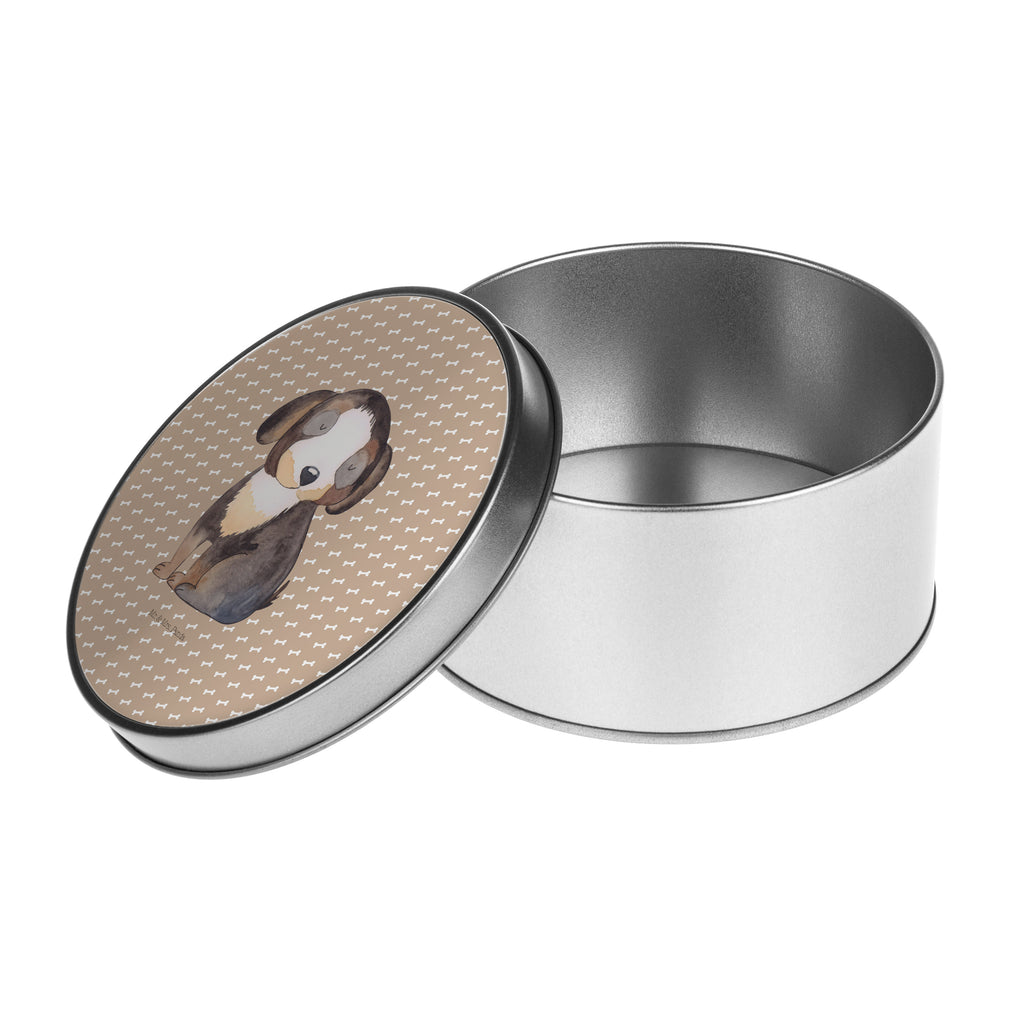 Blechdose rund Hund entspannt Metalldose, Keksdose, Dose, Vorratsdose, Geschenkbox, Hund, Hundemotiv, Haustier, Hunderasse, Tierliebhaber, Hundebesitzer, Sprüche, schwarzer Hund, Hundeliebe, Liebe, Hundeglück