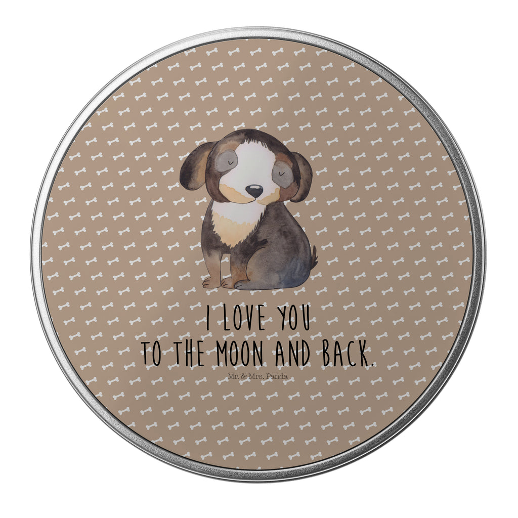 Blechdose rund Hund entspannt Metalldose, Keksdose, Dose, Vorratsdose, Geschenkbox, Hund, Hundemotiv, Haustier, Hunderasse, Tierliebhaber, Hundebesitzer, Sprüche, schwarzer Hund, Hundeliebe, Liebe, Hundeglück