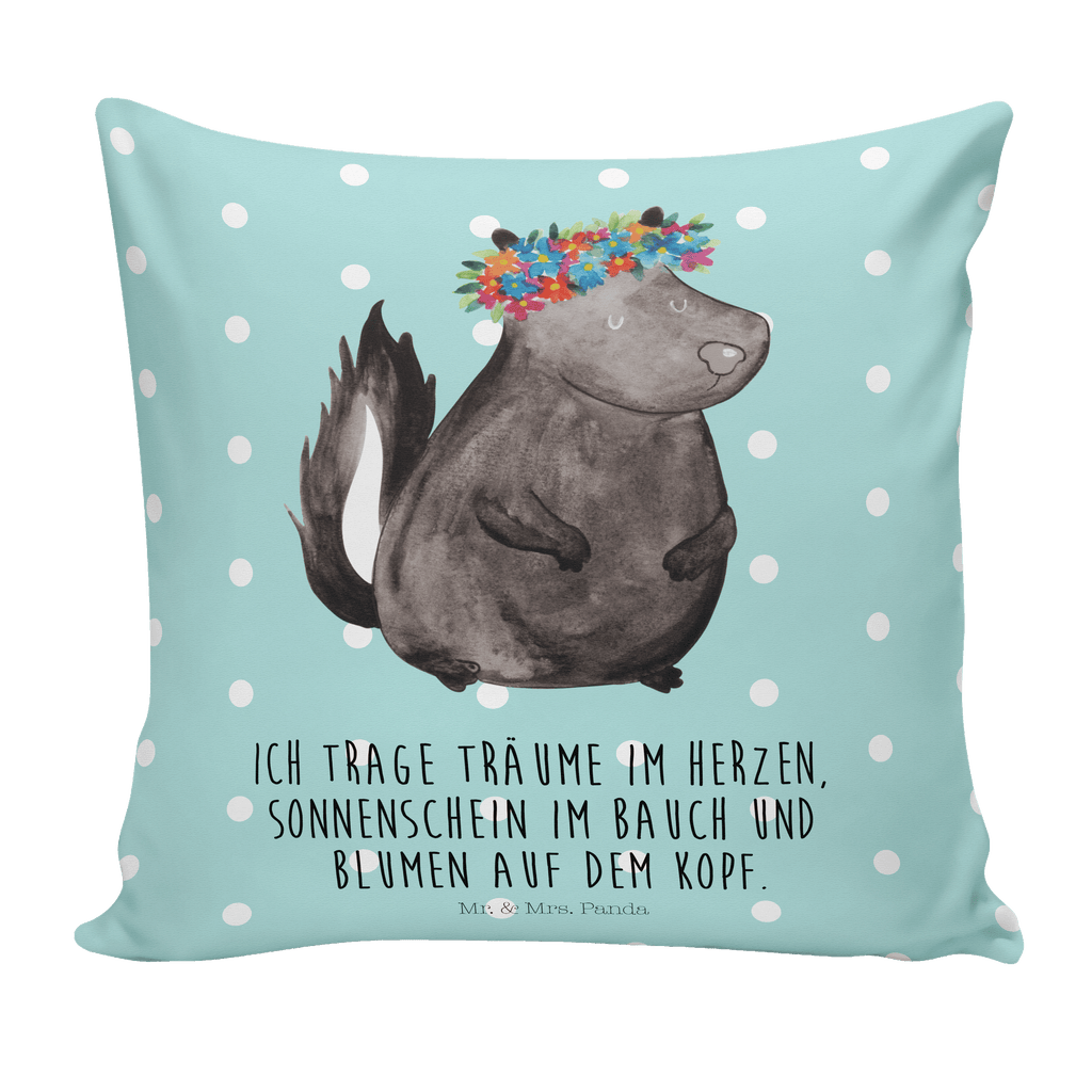 40x40 Kissen Stinktier Blumenmaedchen Kissenhülle, Kopfkissen, Sofakissen, Dekokissen, Motivkissen, Stinktier, Skunk, Wildtier, Raubtier, Stinker, Stinki, Yoga, Namaste, Lebe, Liebe, Lache