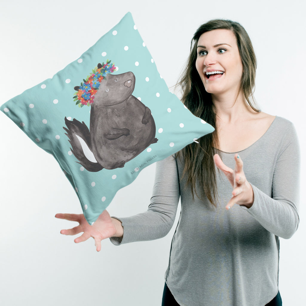 40x40 Kissen Stinktier Blumenmaedchen Kissenhülle, Kopfkissen, Sofakissen, Dekokissen, Motivkissen, Stinktier, Skunk, Wildtier, Raubtier, Stinker, Stinki, Yoga, Namaste, Lebe, Liebe, Lache