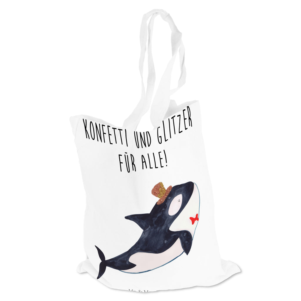 Tragetasche Orca Zylinder Beuteltasche, Beutel, Einkaufstasche, Jutebeutel, Stoffbeutel, Meerestiere, Meer, Urlaub, Narwal, Glitter, Konfetti, Glitzer, Geburtstag, Feier, Fete, Fest, Glückwunsch, Orca