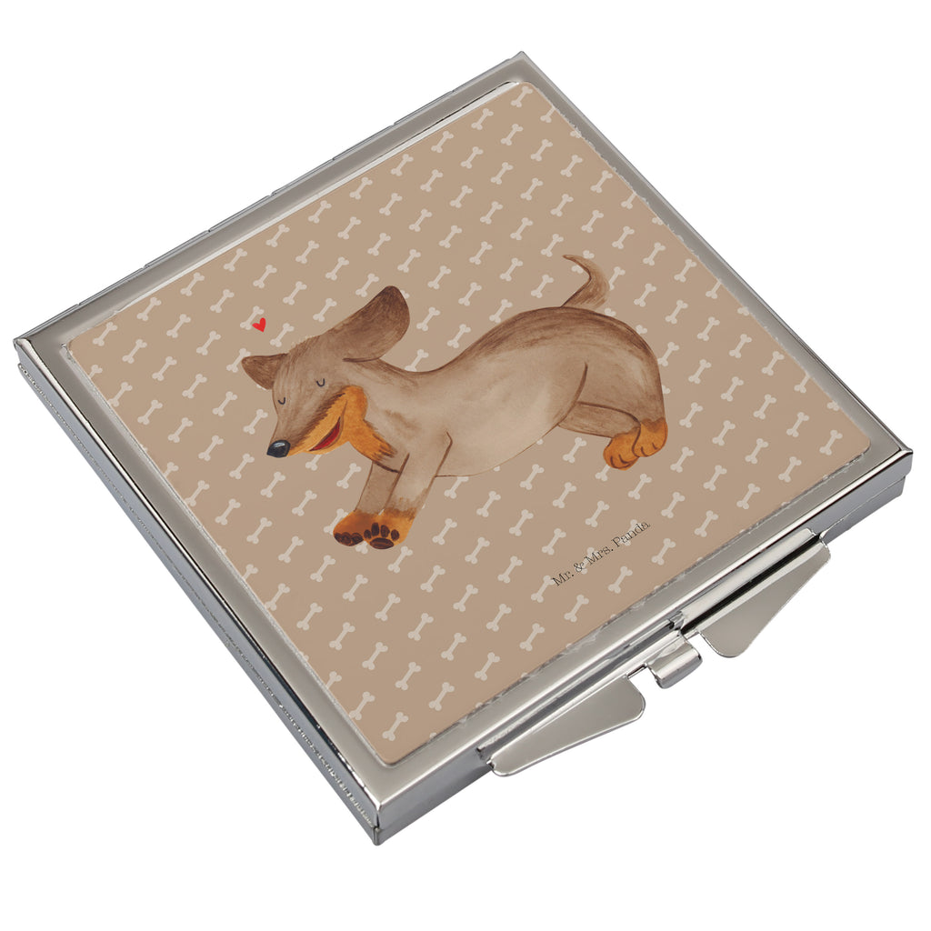 Handtaschenspiegel quadratisch Hund Dackel fröhlich Spiegel, Handtasche, Quadrat, silber, schminken, Schminkspiegel, Hund, Hundemotiv, Haustier, Hunderasse, Tierliebhaber, Hundebesitzer, Sprüche, Hunde, Dackel, Dachshund, happy dog
