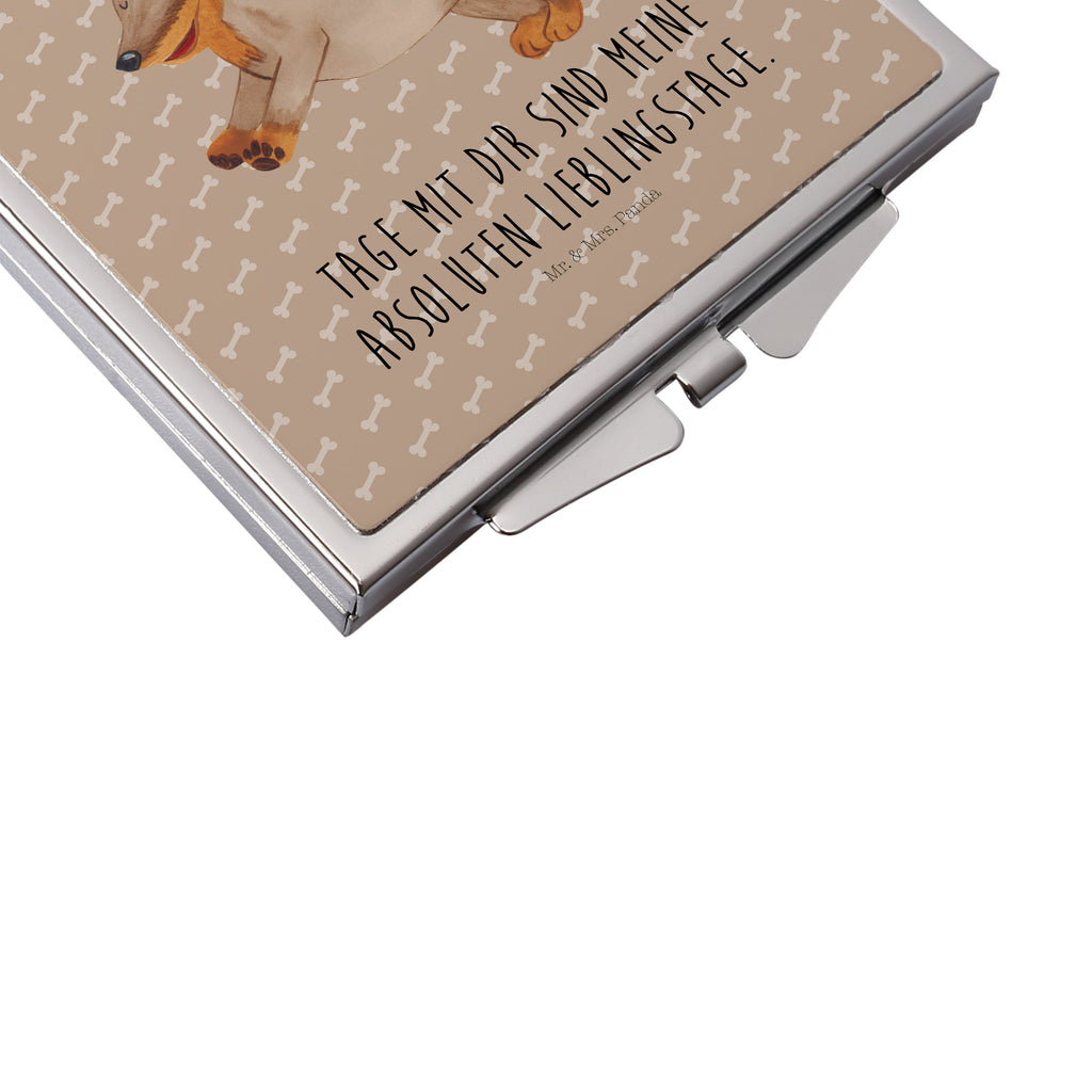 Handtaschenspiegel quadratisch Hund Dackel fröhlich Spiegel, Handtasche, Quadrat, silber, schminken, Schminkspiegel, Hund, Hundemotiv, Haustier, Hunderasse, Tierliebhaber, Hundebesitzer, Sprüche, Hunde, Dackel, Dachshund, happy dog