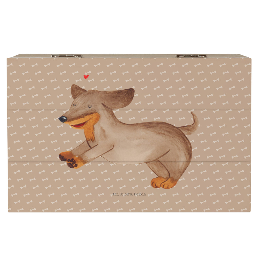 Holzkiste Hund Dackel fröhlich Holzkiste, Kiste, Schatzkiste, Truhe, Schatulle, XXL, Erinnerungsbox, Erinnerungskiste, Dekokiste, Aufbewahrungsbox, Hund, Hundemotiv, Haustier, Hunderasse, Tierliebhaber, Hundebesitzer, Sprüche, Hunde, Dackel, Dachshund, happy dog