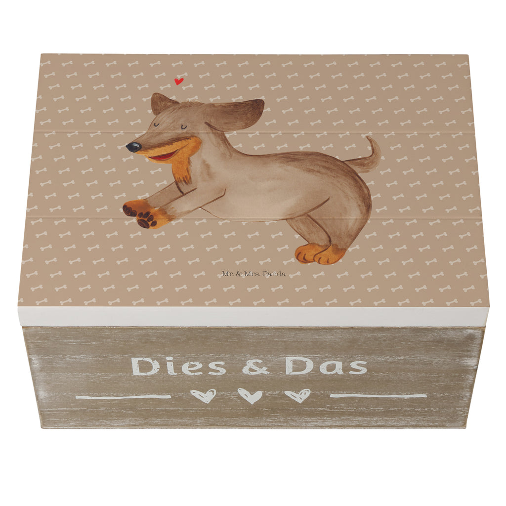 Holzkiste Hund Dackel fröhlich Holzkiste, Kiste, Schatzkiste, Truhe, Schatulle, XXL, Erinnerungsbox, Erinnerungskiste, Dekokiste, Aufbewahrungsbox, Hund, Hundemotiv, Haustier, Hunderasse, Tierliebhaber, Hundebesitzer, Sprüche, Hunde, Dackel, Dachshund, happy dog