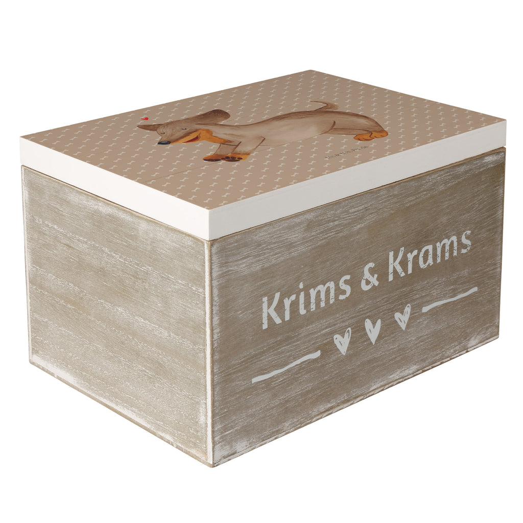 Holzkiste Hund Dackel fröhlich Holzkiste, Kiste, Schatzkiste, Truhe, Schatulle, XXL, Erinnerungsbox, Erinnerungskiste, Dekokiste, Aufbewahrungsbox, Hund, Hundemotiv, Haustier, Hunderasse, Tierliebhaber, Hundebesitzer, Sprüche, Hunde, Dackel, Dachshund, happy dog