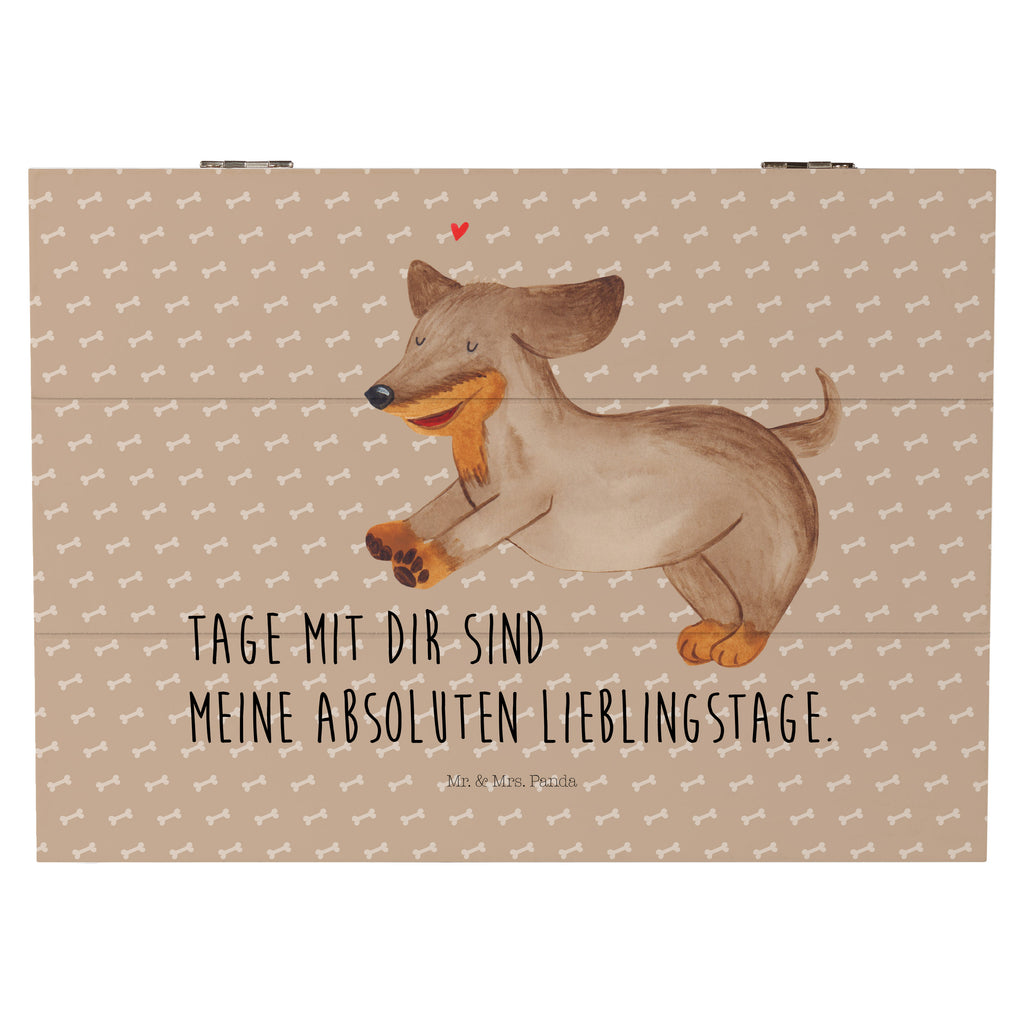 Holzkiste Hund Dackel fröhlich Holzkiste, Kiste, Schatzkiste, Truhe, Schatulle, XXL, Erinnerungsbox, Erinnerungskiste, Dekokiste, Aufbewahrungsbox, Hund, Hundemotiv, Haustier, Hunderasse, Tierliebhaber, Hundebesitzer, Sprüche, Hunde, Dackel, Dachshund, happy dog