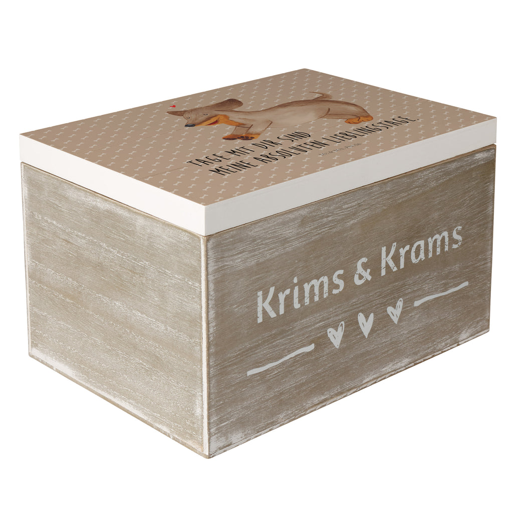 Holzkiste Hund Dackel fröhlich Holzkiste, Kiste, Schatzkiste, Truhe, Schatulle, XXL, Erinnerungsbox, Erinnerungskiste, Dekokiste, Aufbewahrungsbox, Hund, Hundemotiv, Haustier, Hunderasse, Tierliebhaber, Hundebesitzer, Sprüche, Hunde, Dackel, Dachshund, happy dog
