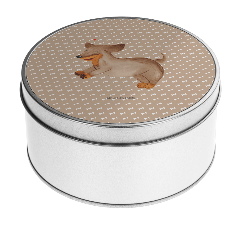 Blechdose rund Hund Dackel fröhlich Metalldose, Keksdose, Dose, Vorratsdose, Geschenkbox, Hund, Hundemotiv, Haustier, Hunderasse, Tierliebhaber, Hundebesitzer, Sprüche, Hunde, Dackel, Dachshund, happy dog